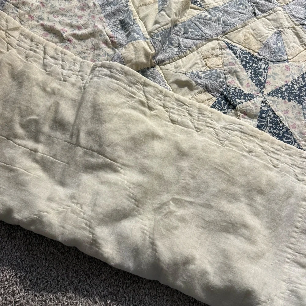 Vintage handmade star patchwork quilt + pillow sham set blue pink 80”x80”